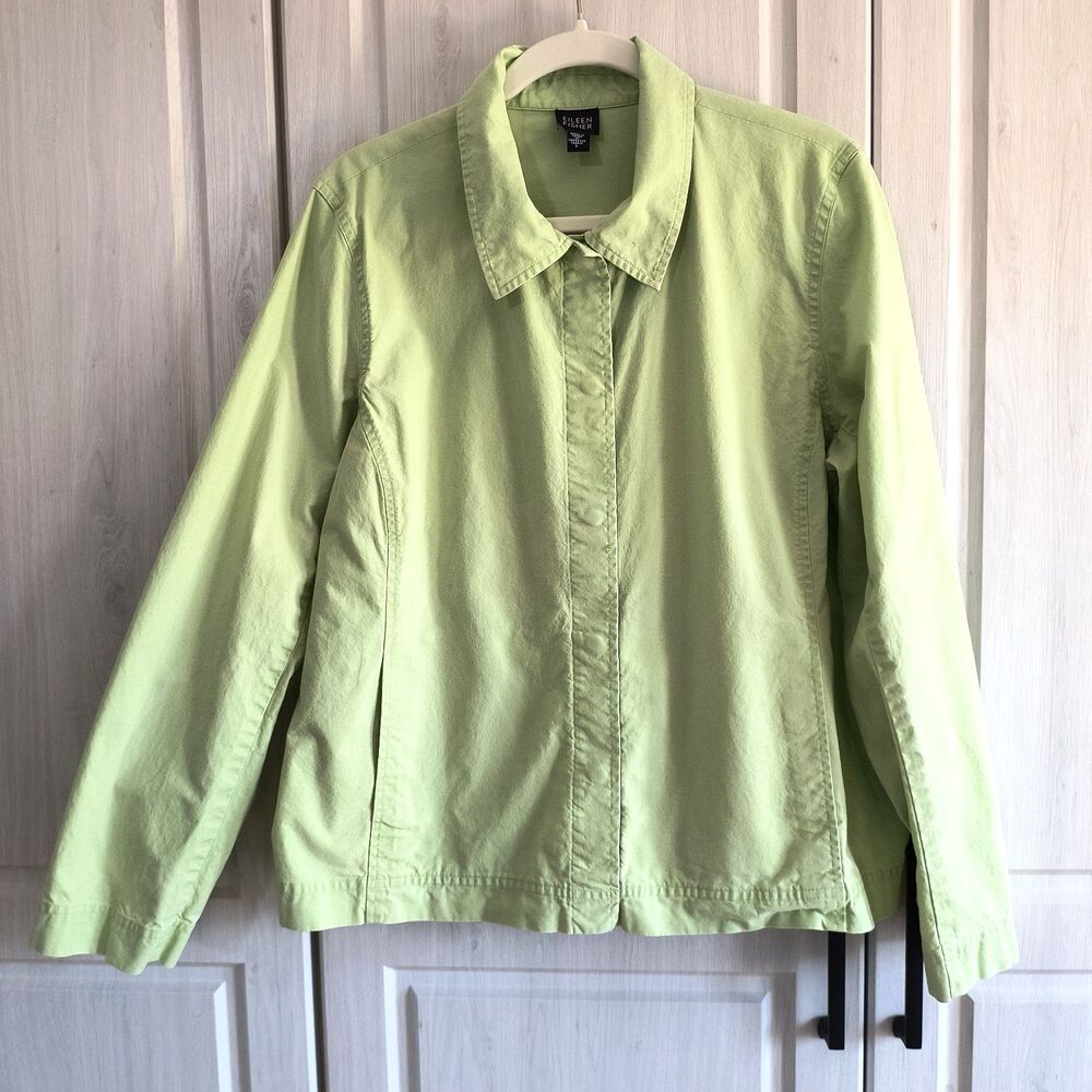 Eileen Fisher Jacket L Green 100% Cotton Pockets Hidden Snaps Beachy Lagenlook